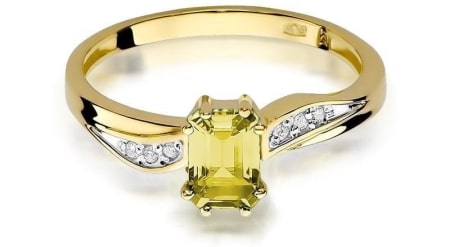Złoty pierścionek 585 z cytrynem i diamentami 0,60 ct