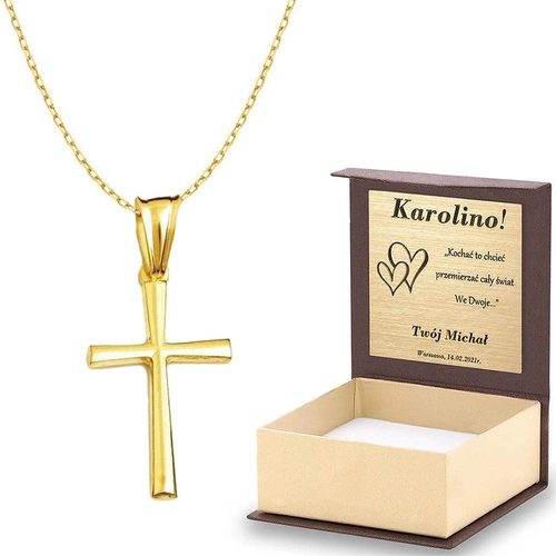 Komplet klasyczny złoty 333 Krzyżyk Ankier pudełko z dedykacją i torebką