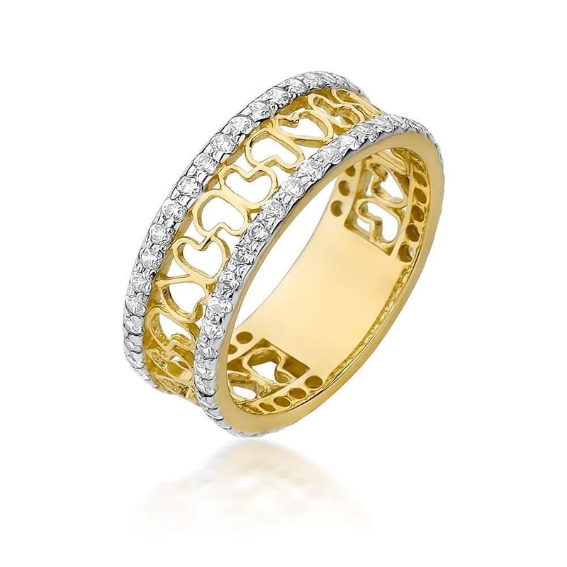 Złoty pierścionek 585 szeroka obrączka w serduszka diamenty 0,98 ct