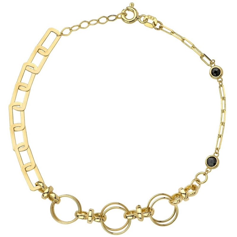 Bransoletka złoto 585 ogniwa paper clip, ring, kółka i czarne kamienie