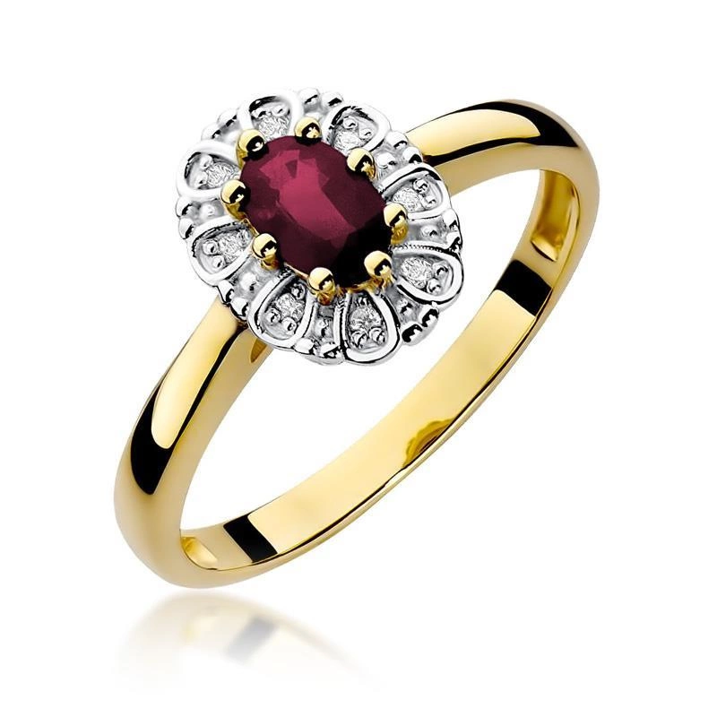Złoty pierścionek 585 klasyka brylanty i rubin 0,60 ct