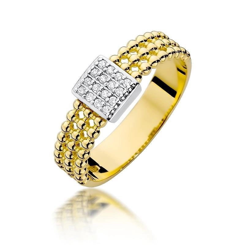 Złoty pierścionek wielokamieniowy 585 kulki z brylantem 0,08 ct