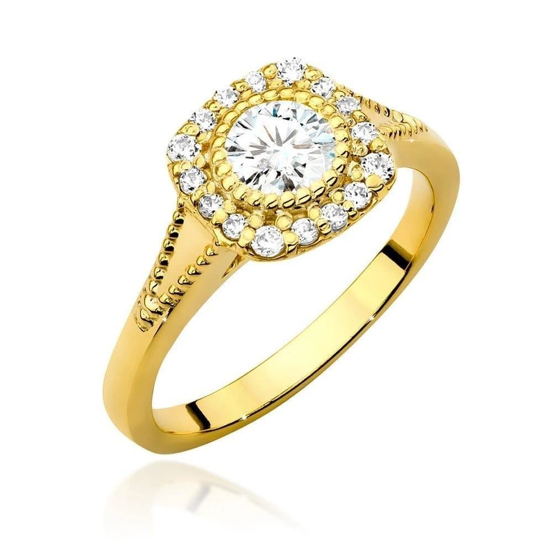 Pierścionek zaręczynowy żółte złoto 585 Halo Ring brylant 0,40 ct kwadratowa oprawa