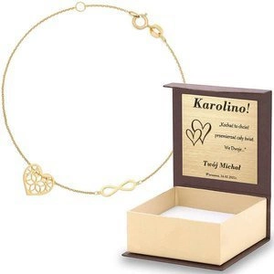 Złota bransoletka 585 CELEBRYTKA Serce Infinity pudełko z dedykacją i torebką