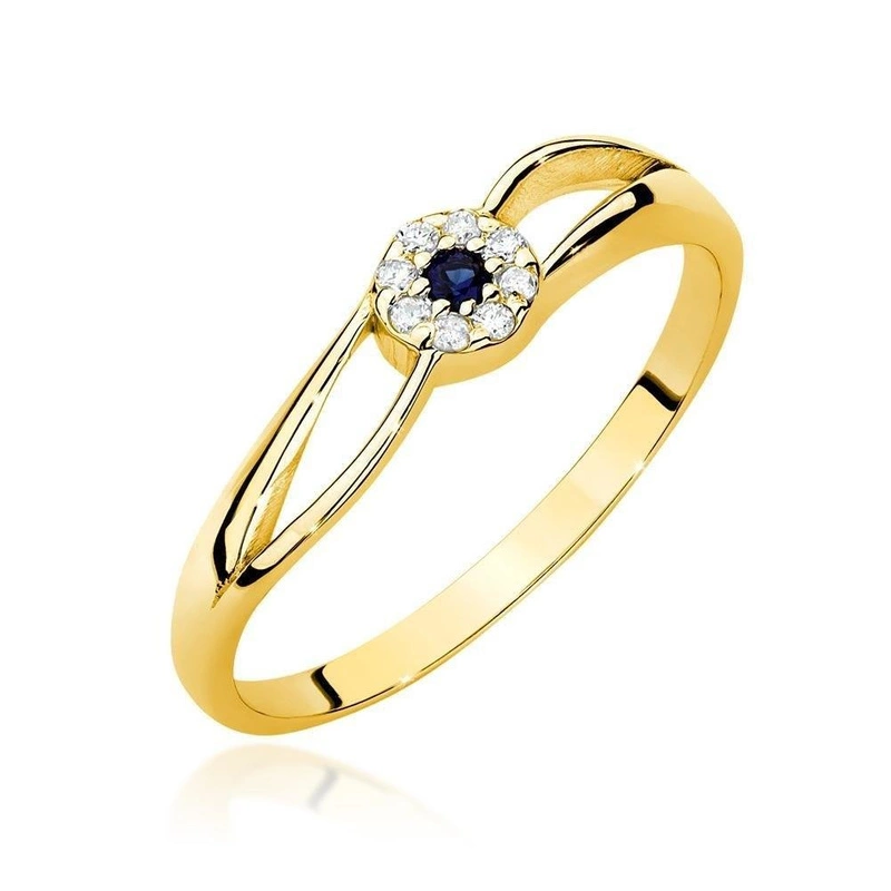 Złoty pierścionek zaręczynowy z brylantami i szafirem 0,03 ct