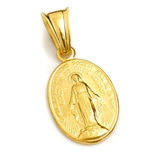 Złoty komplet 585 Singapur i medalik Matka Boska Cudowna pudełko z dedykacją i torebką