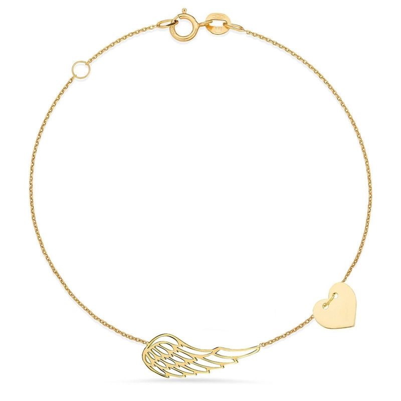 Złota bransoletka 333 CELEBRYTKA serce z ażurowym skrzydłem anioła