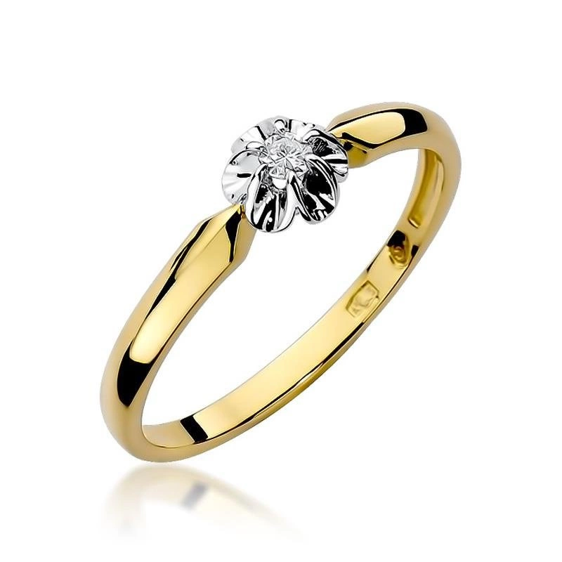 Złoty pierścionek zaręczynowy 585 piękny brylant 0,04 ct w białej oprawie