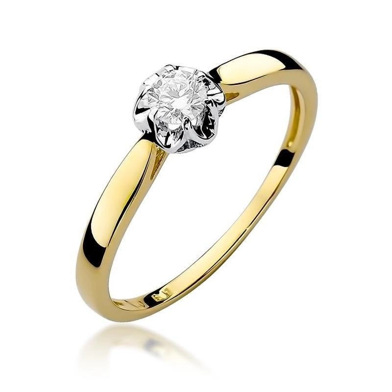 Złoty pierścionek zaręczynowy kwiat 585 diament 0,15 ct