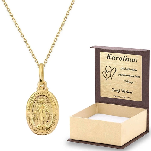 Złoty komplet 585 Medalik Matka Boska Ankier pudełko z dedykacją i torebką