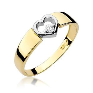 Złoty pierścionek serce zaręczynowy próby 585 brylant 0,04 ct
