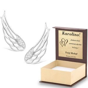 Srebrne kolczyki 925 nausznice skrzydła anioła pudełko z dedykacją i torebką