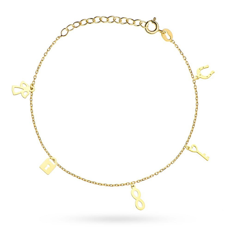 Bransoletka złota na nogę z zawieszkami podkowa, kłódka, kluczyk, nieskończoność i aniołek