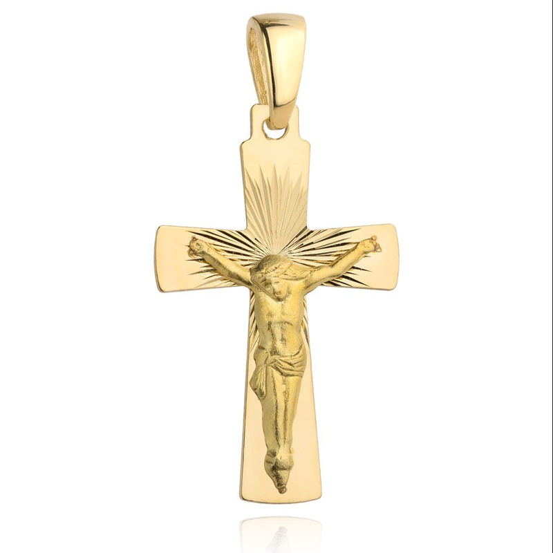 Złoty krzyżyk pr. 585 Jezusa ukrzyżowanego w diamentowanej oprawie