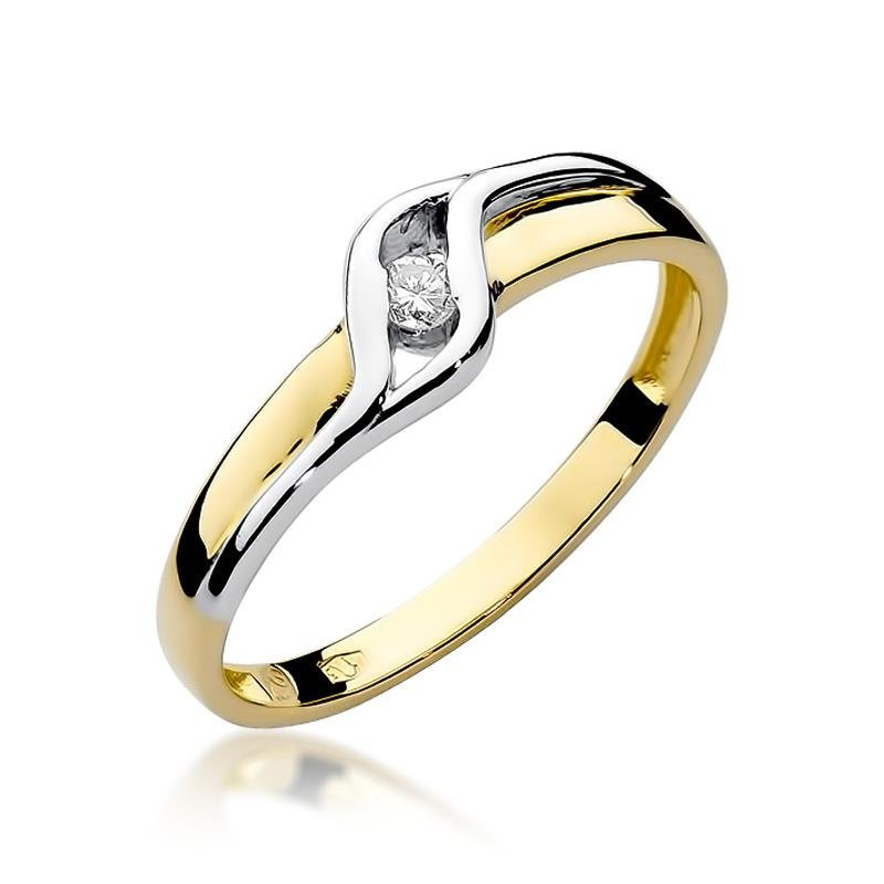 Złoty pierścionek dwukolorowa fala 585 diament 0,04 ct