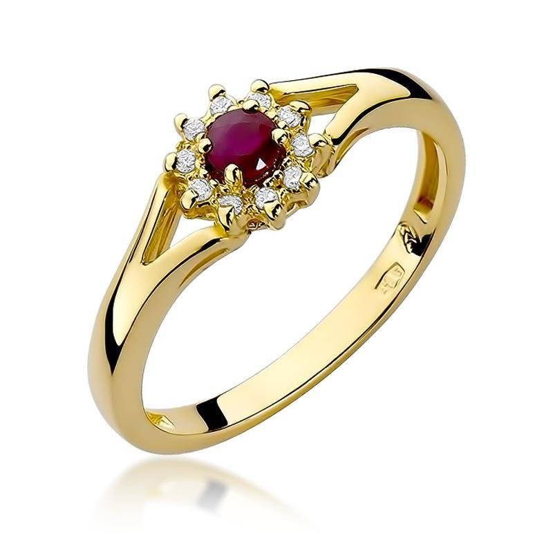 Złoty pierścionek pr. 585 rubin diamenty