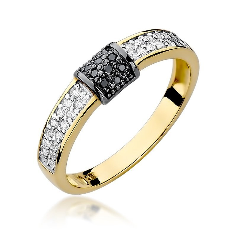 Złoty pierścionek zaręczynowy 585 białe i czarne brylanty 0,19 ct