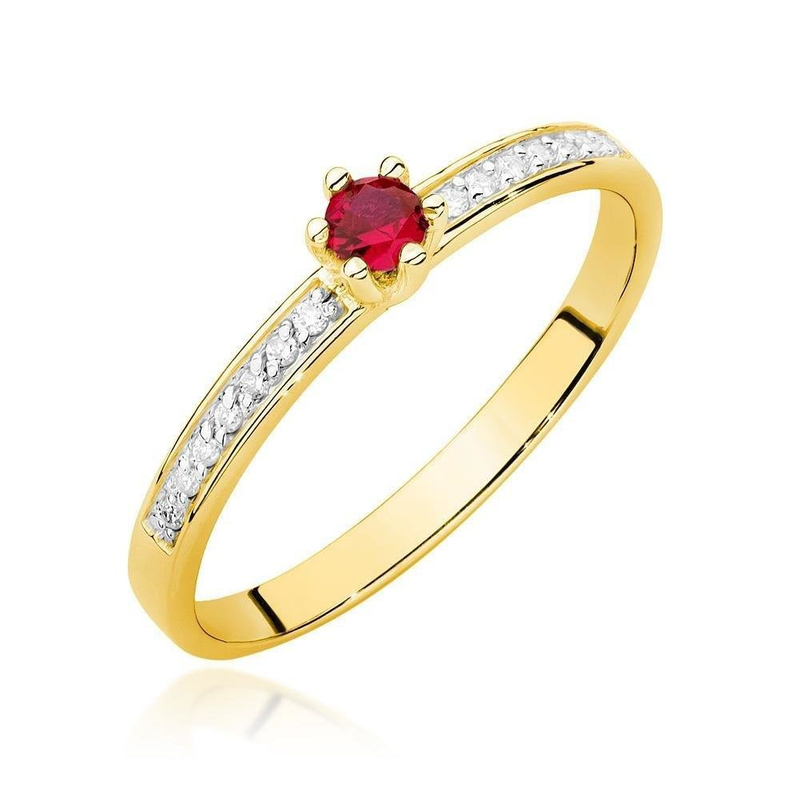 Złoty pierścionek zaręczynowy z diamentami i rubinem 0,15 ct