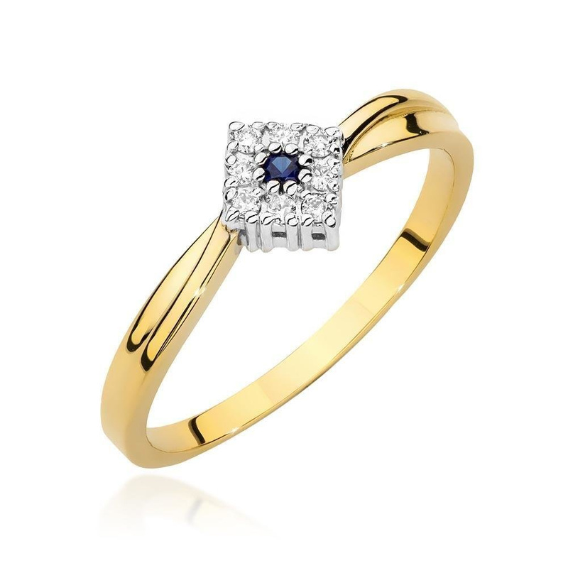 Złoty pierścionek zaręczynowy z diamentami i szafirem 0,03 ct